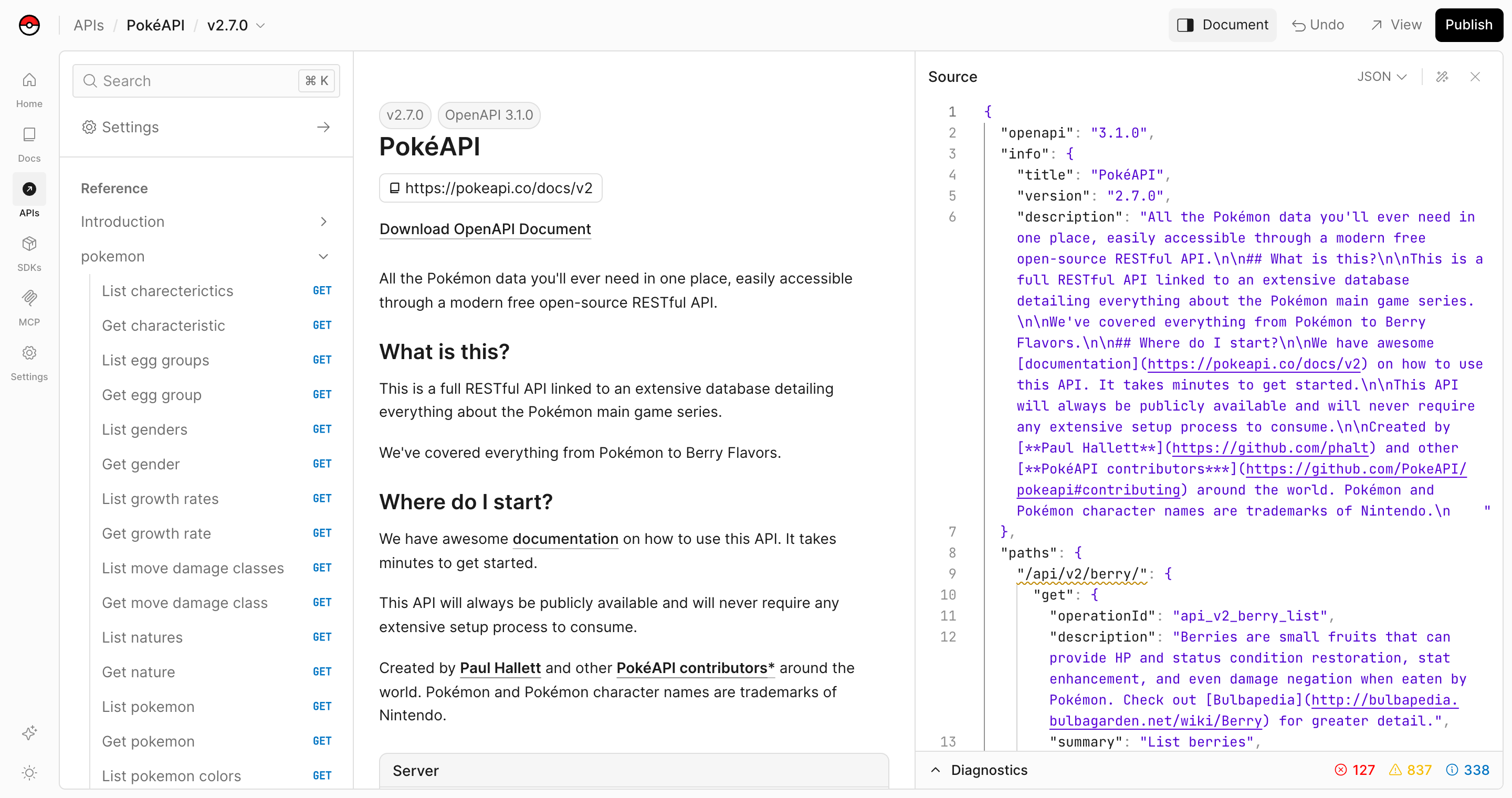 The API editor in the dashboard, with the API reference preview, the OpenAPI source, and diagnostics