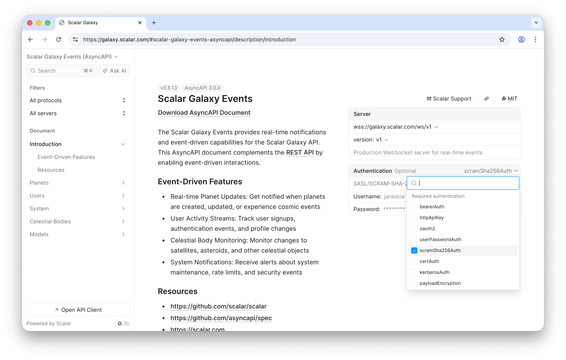 The authentication selector listing the security schemes declared by the document