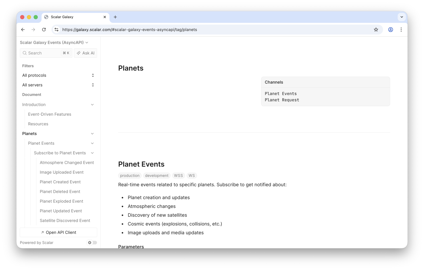 An AsyncAPI reference rendered by Scalar, with channels and their operations in the sidebar