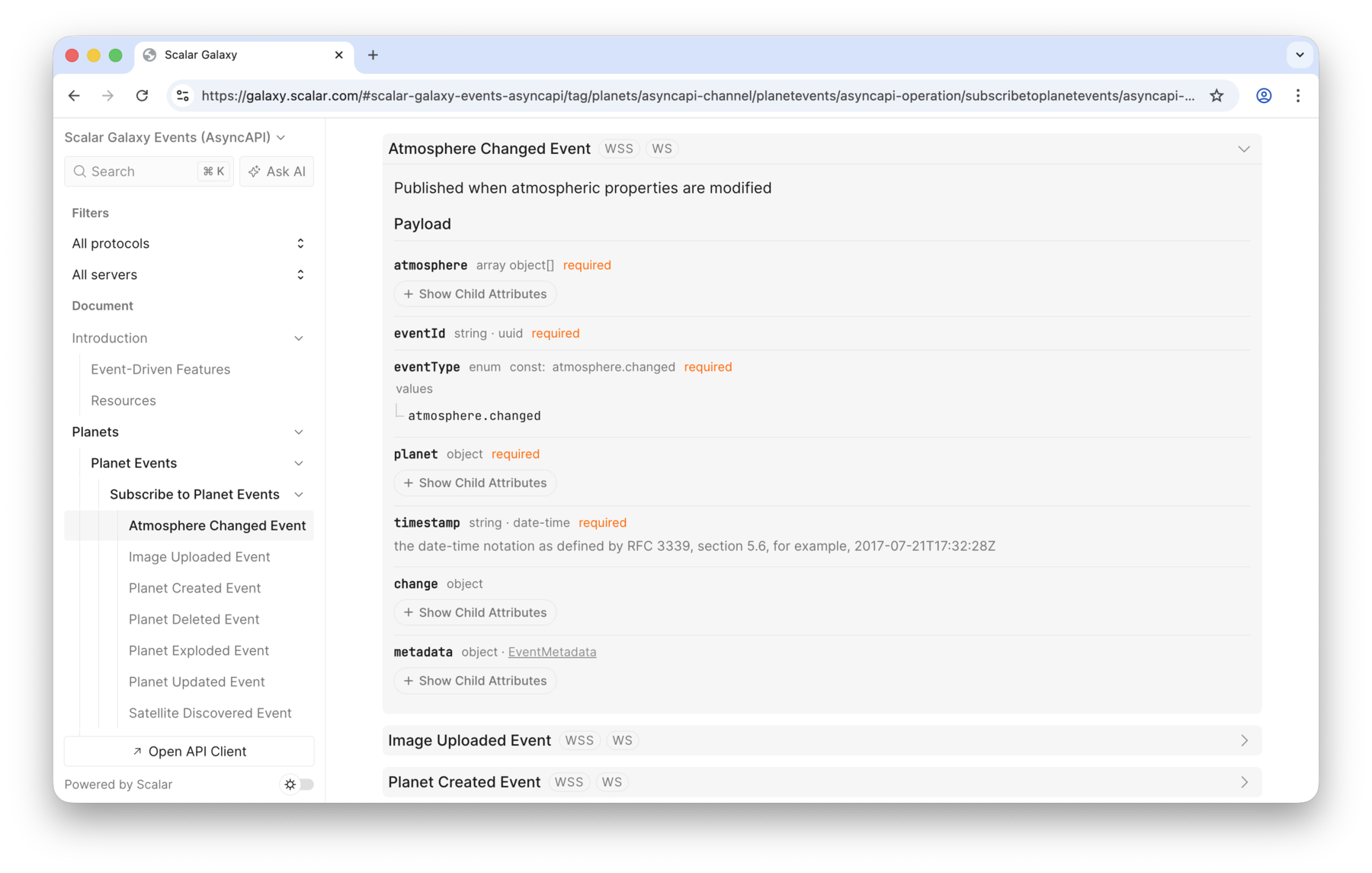 An expanded message accordion showing the payload schema of an event