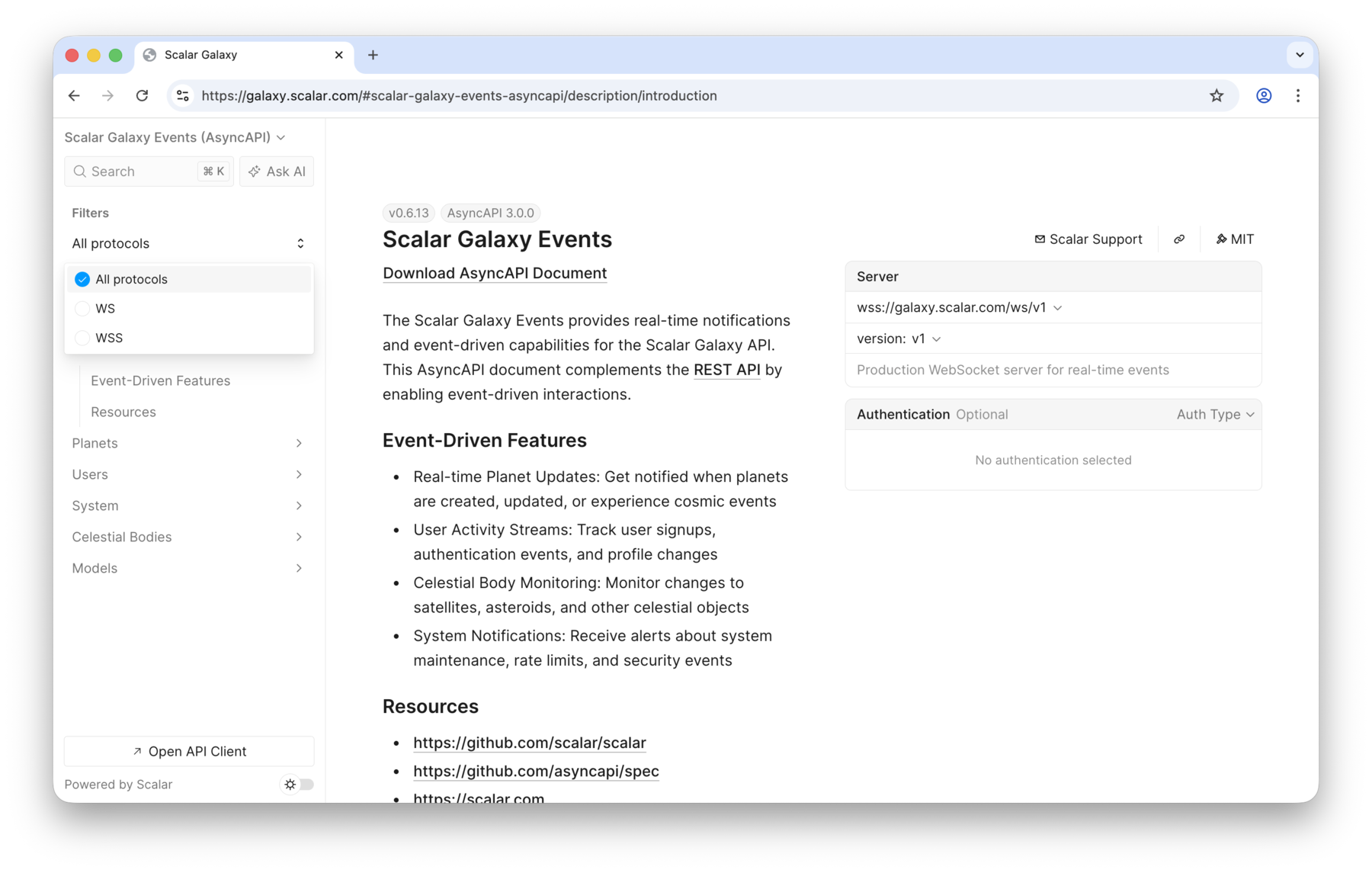 The protocol filter open in the sidebar, listing all protocols, WS, and WSS