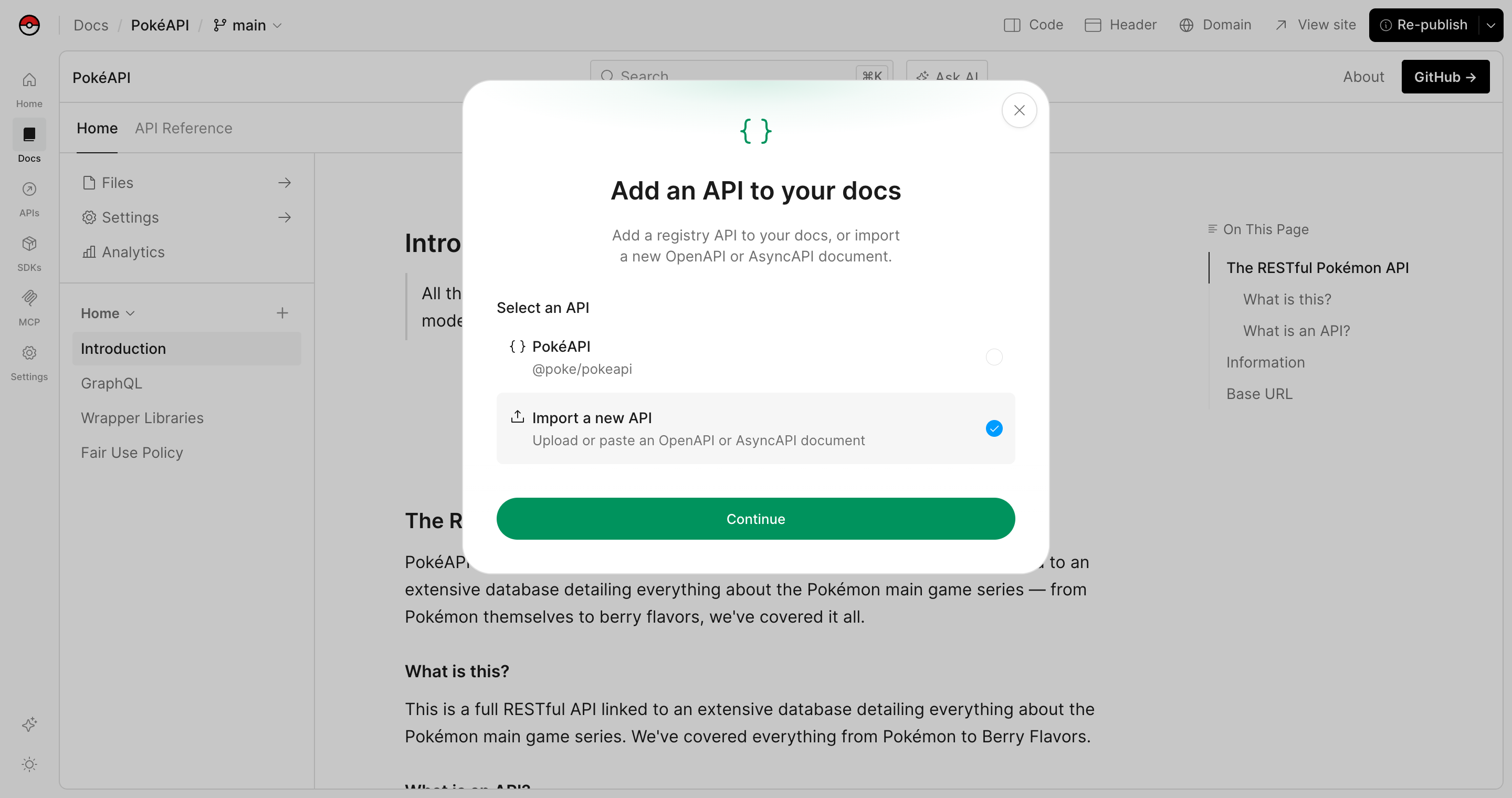 The Add an API to your docs dialog in the editor, with Import a new API selected