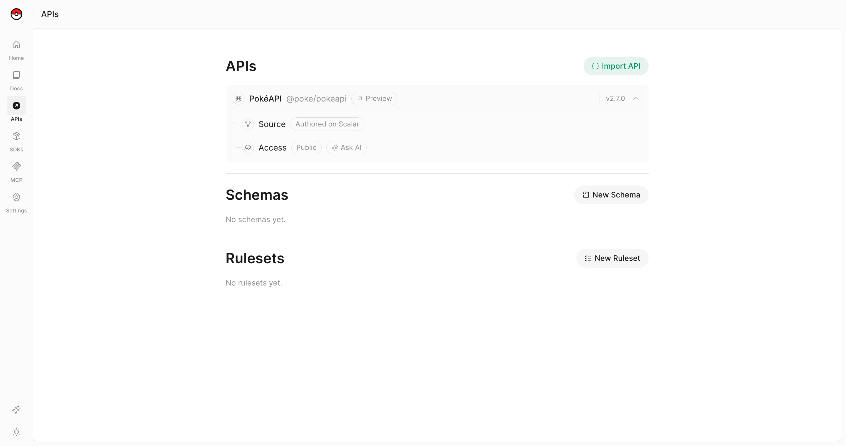 The APIs studio, with the Schemas and Rulesets sections and their New Schema and New Ruleset buttons