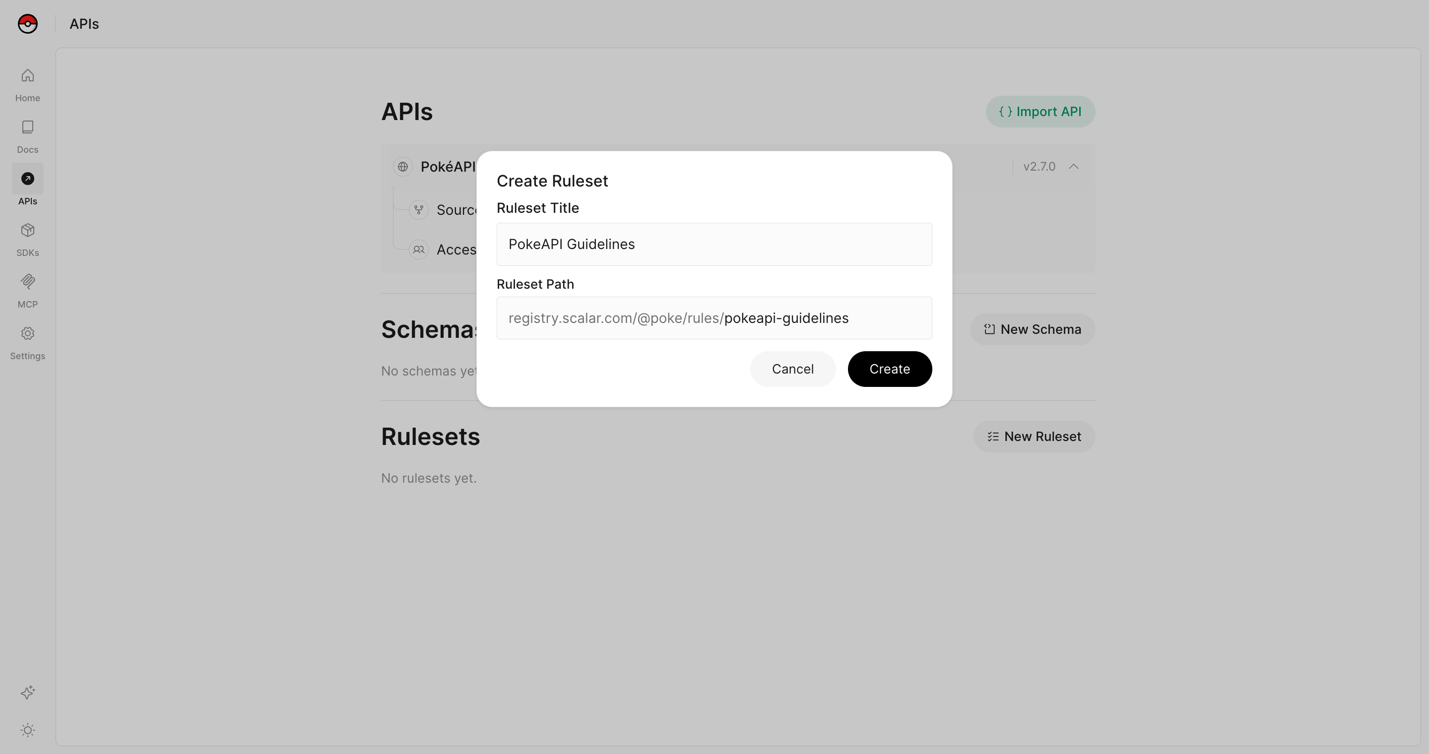 The Create Ruleset dialog with a ruleset title and its registry path