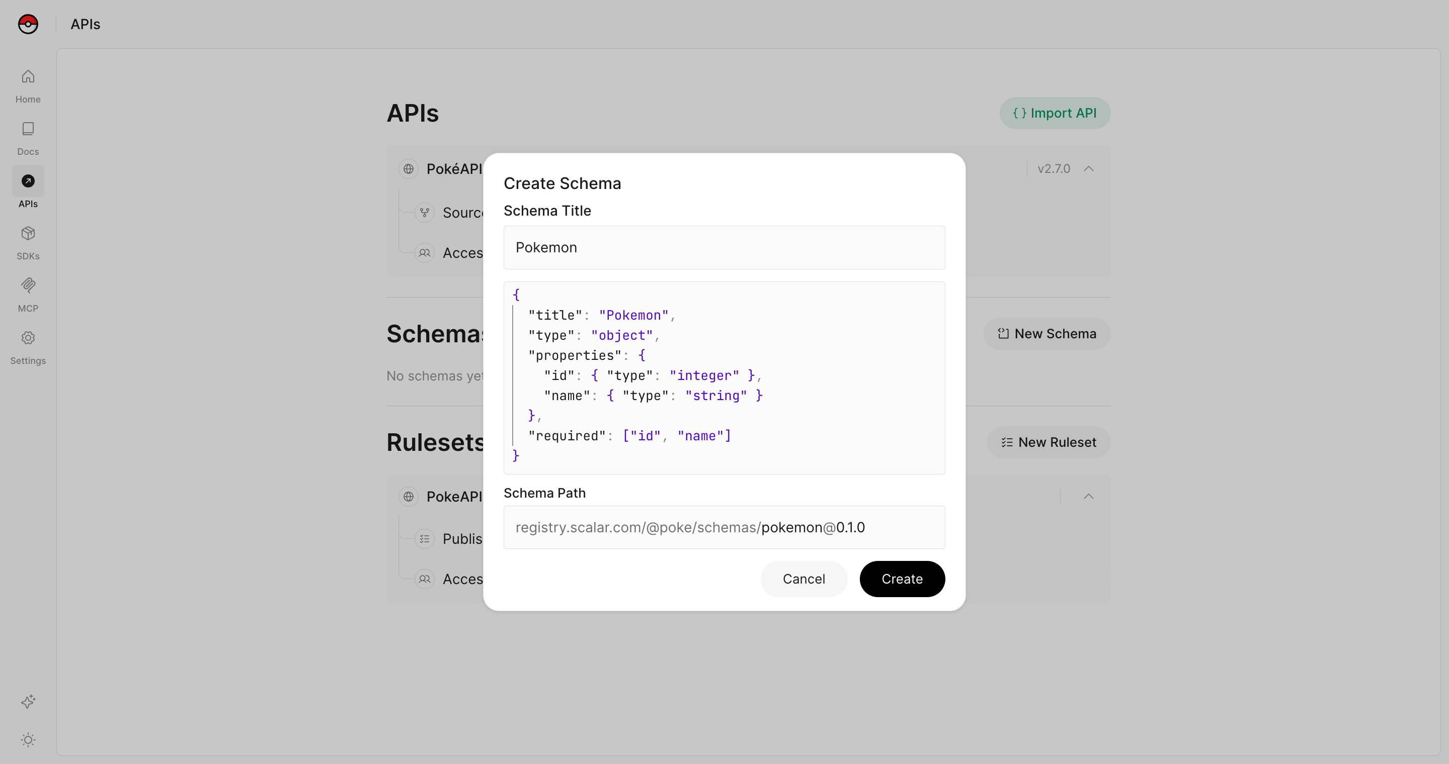 The Create Schema dialog with a schema title, a JSON Schema, and its registry path