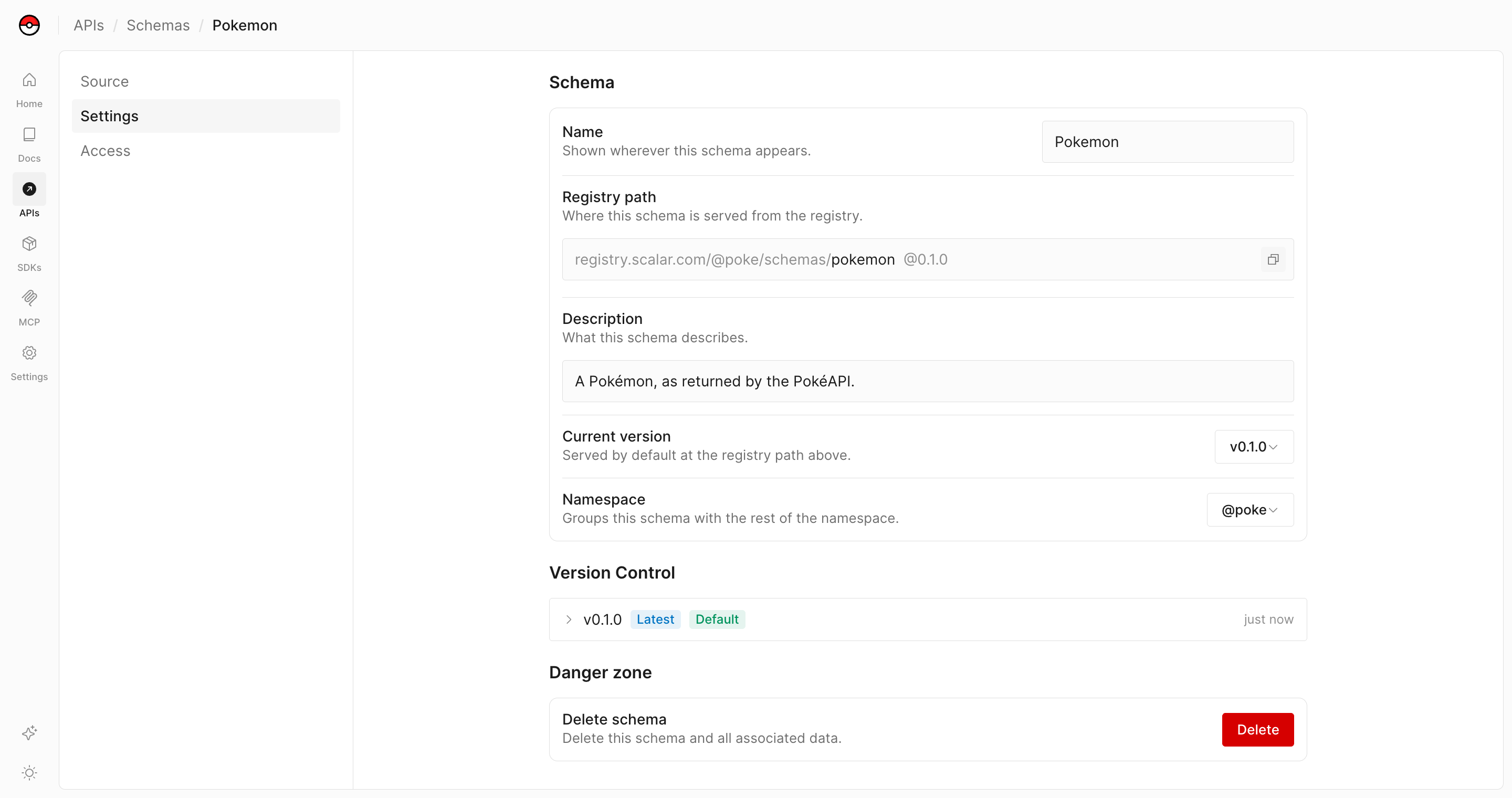 A schema's Settings page, with its name, registry path, description, current version, and namespace