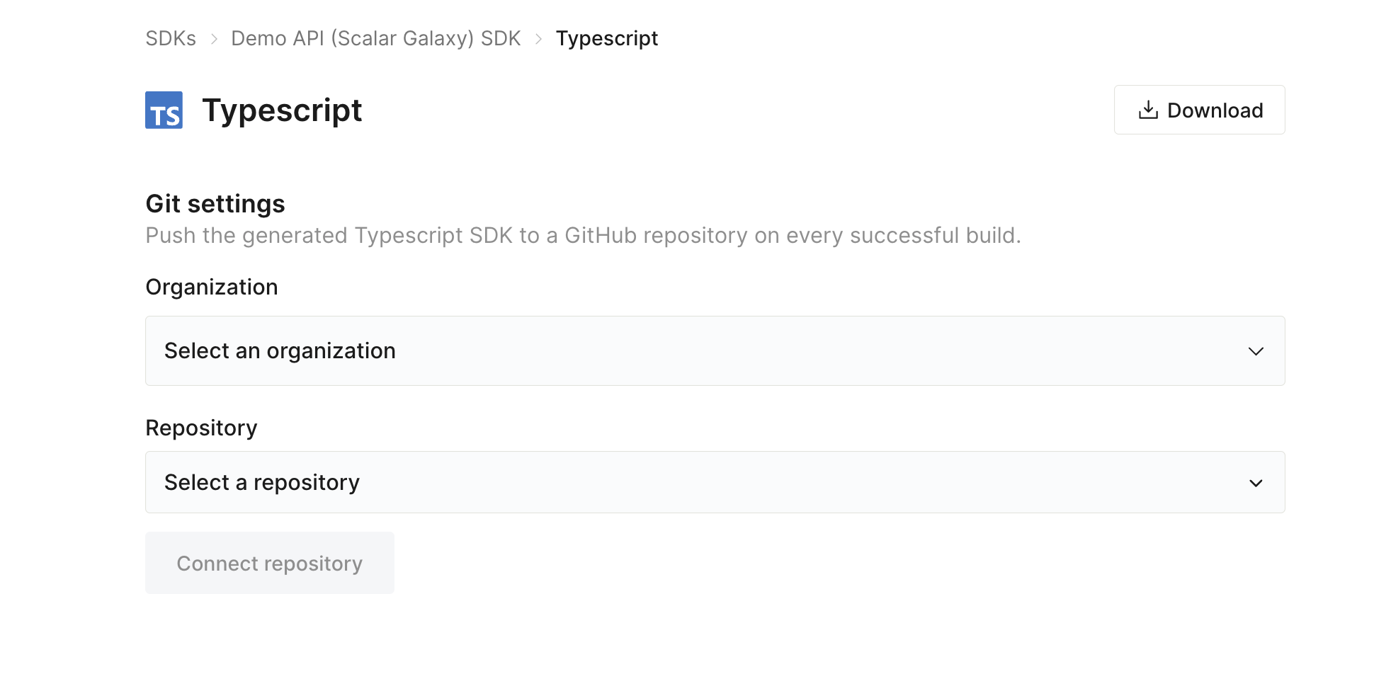 The Git settings panel for a target before linking, with organization and repository selectors