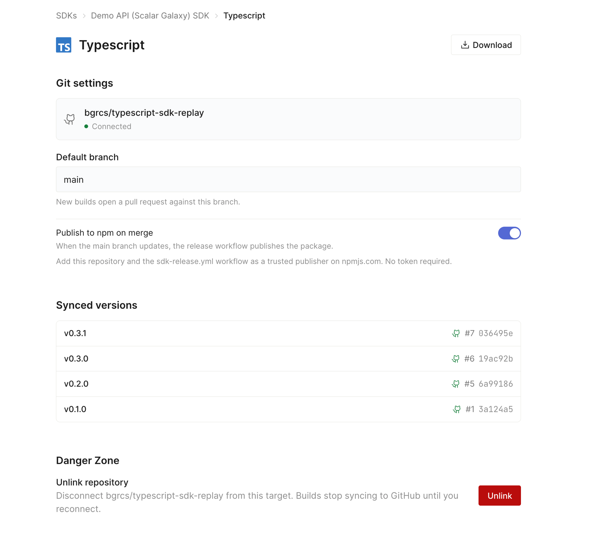 A linked target showing the connected repository, default branch, publish toggle, and synced versions