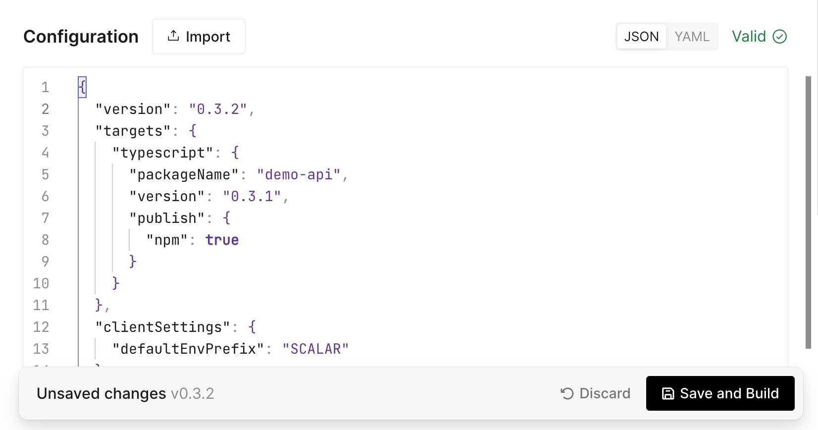 The SDK configuration editor with a publish block enabling npm