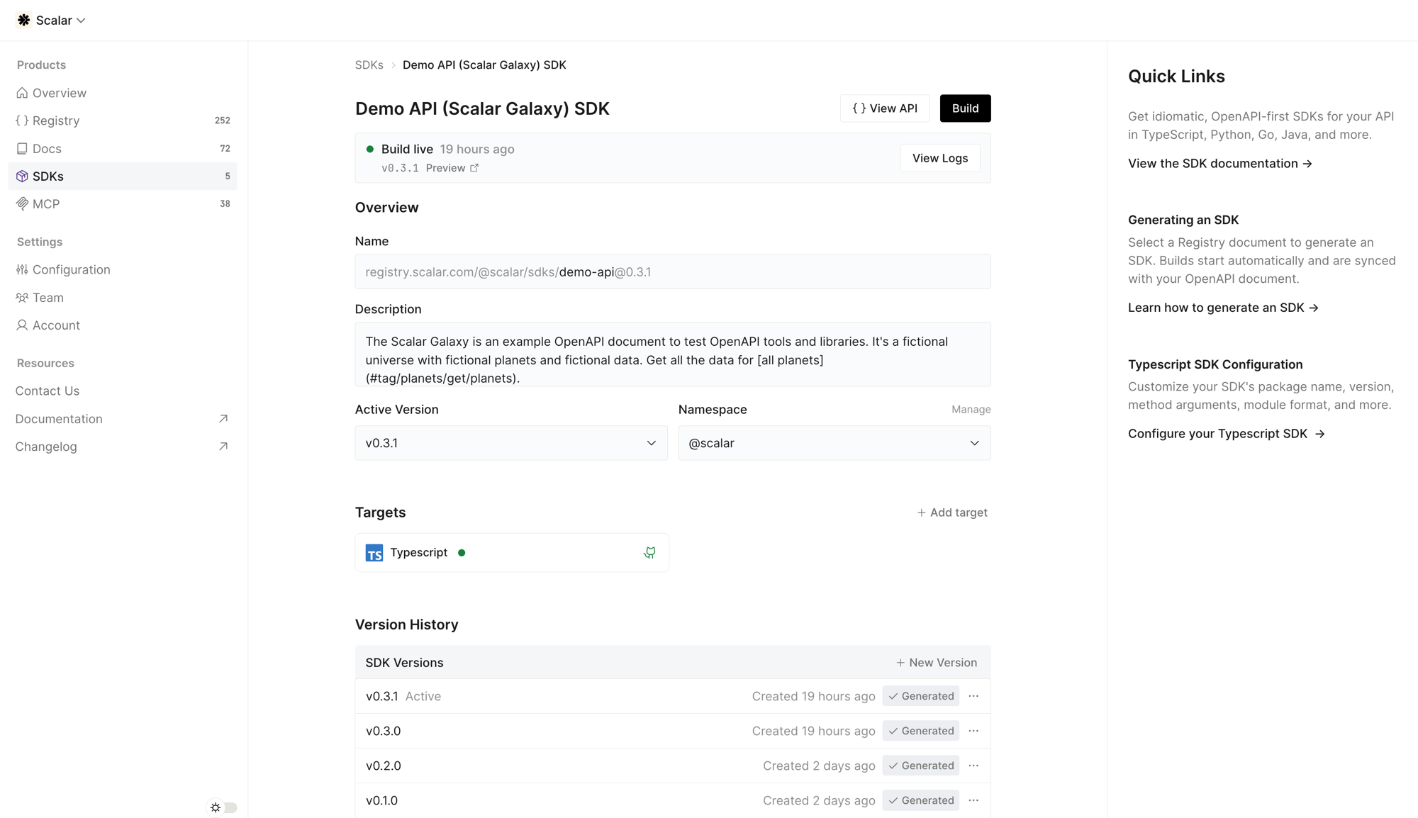 The SDK overview page in the Scalar dashboard showing a target with a linked GitHub repository